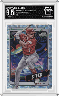Spencer Steer from the 2024 Topps Cosmic Chrome set featuring a Nucleus Refractor parallel graded by Arena Club and given an overall grade of 9.5.