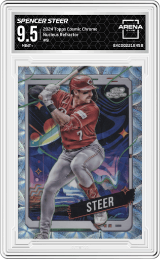 Spencer Steer from the 2024 Topps Cosmic Chrome set featuring a Nucleus Refractor parallel graded by Arena Club and given an overall grade of 9.5.