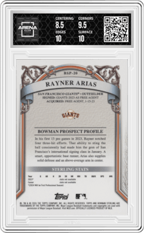 Rayner Arias from the 2024 Bowman Sterling set featuring a Speckle parallel graded by Arena Club and given an overall grade of 9.