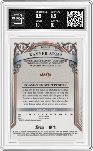 Rayner Arias from the 2024 Bowman Sterling set featuring a Speckle parallel graded by Arena Club and given an overall grade of 9.
