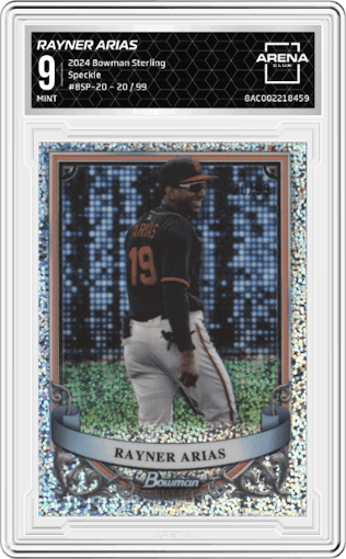 Rayner Arias from the 2024 Bowman Sterling set featuring a Speckle parallel graded by Arena Club and given an overall grade of 9.