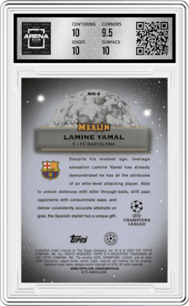Lamine Yamal  from the 2023-24 Topps Merlin UEFA Club Competitions set graded by Arena Club and given an overall grade of 10.