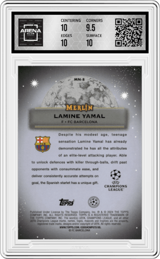 Lamine Yamal  from the 2023-24 Topps Merlin UEFA Club Competitions set graded by Arena Club and given an overall grade of 10.