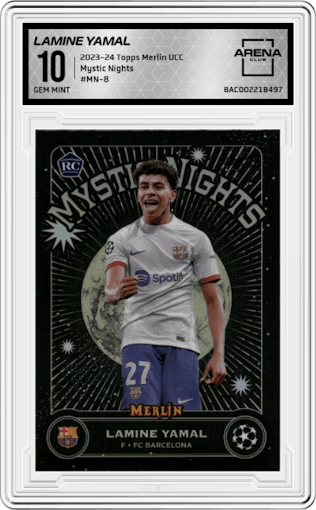 Lamine Yamal  from the 2023-24 Topps Merlin UEFA Club Competitions set graded by Arena Club and given an overall grade of 10.