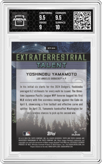 Yoshinobu Yamamoto from the 2024 Topps Cosmic Chrome set graded by Arena Club and given an overall grade of 9.5.
