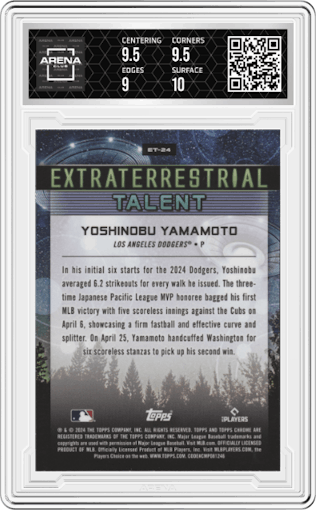 Yoshinobu Yamamoto from the 2024 Topps Cosmic Chrome set graded by Arena Club and given an overall grade of 9.5.