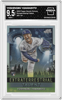 Yoshinobu Yamamoto from the 2024 Topps Cosmic Chrome set graded by Arena Club and given an overall grade of 9.5.