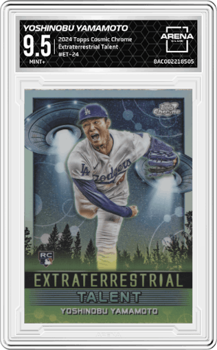 Yoshinobu Yamamoto from the 2024 Topps Cosmic Chrome set graded by Arena Club and given an overall grade of 9.5.