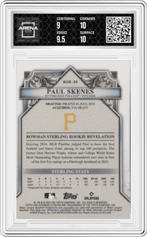 Paul Skenes from the 2024 Bowman Sterling set graded by Arena Club and given an overall grade of 9.5.