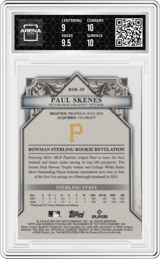 Paul Skenes from the 2024 Bowman Sterling set graded by Arena Club and given an overall grade of 9.5.