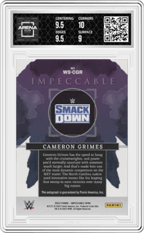 Cameron Grimes from the 2023 Panini Impeccable WWE set featuring a Silver parallel graded by Arena Club and given an overall grade of 9.5.