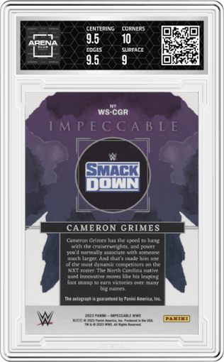 Cameron Grimes from the 2023 Panini Impeccable WWE set featuring a Silver parallel graded by Arena Club and given an overall grade of 9.5.