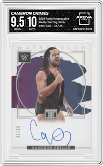Cameron Grimes from the 2023 Panini Impeccable WWE set featuring a Silver parallel graded by Arena Club and given an overall grade of 9.5.