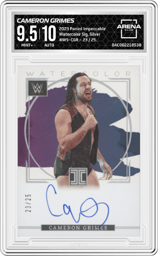 Cameron Grimes from the 2023 Panini Impeccable WWE set featuring a Silver parallel graded by Arena Club and given an overall grade of 9.5.