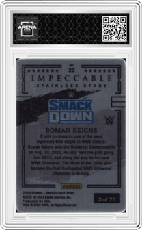 Roman Reigns from the 2023 Panini Impeccable WWE set graded by Arena Club and given an overall grade of 0.
