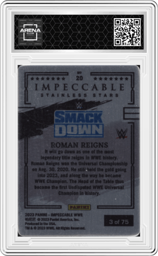 Roman Reigns from the 2023 Panini Impeccable WWE set graded by Arena Club.