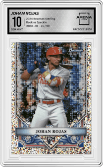 Johan Rojas from the 2024 Bowman Sterling set featuring a Speckle parallel graded by Arena Club and given an overall grade of 10.