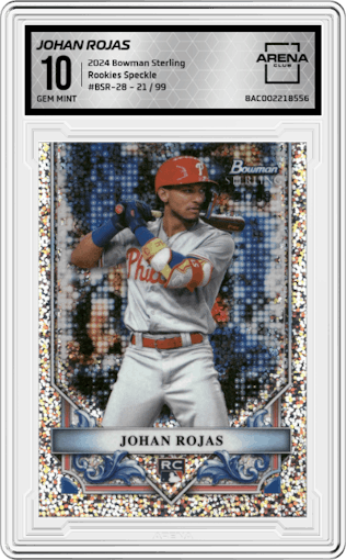 Johan Rojas from the 2024 Bowman Sterling set featuring a Speckle parallel graded by Arena Club and given an overall grade of 10.