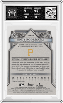 Endy Rodriguez from the 2024 Bowman Sterling set featuring a Magenta Refractor parallel graded by Arena Club and given an overall grade of 9.5.