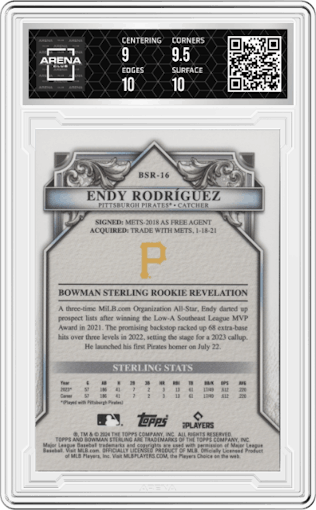 Endy Rodriguez from the 2024 Bowman Sterling set featuring a Magenta Refractor parallel graded by Arena Club and given an overall grade of 9.5.