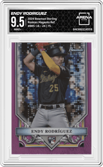 Endy Rodriguez from the 2024 Bowman Sterling set featuring a Magenta Refractor parallel graded by Arena Club and given an overall grade of 9.5.
