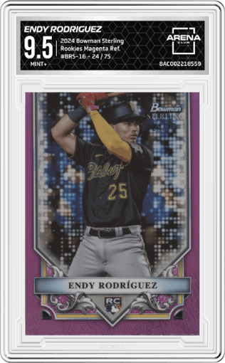 Endy Rodriguez from the 2024 Bowman Sterling set featuring a Magenta Refractor parallel graded by Arena Club and given an overall grade of 9.5.