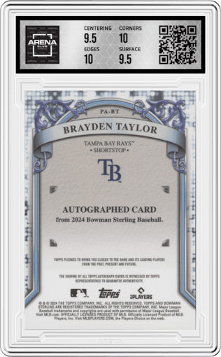 Brayden Taylor from the 2024 Bowman Sterling set graded by Arena Club and given an overall grade of 10.