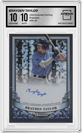 Brayden Taylor from the 2024 Bowman Sterling set graded by Arena Club and given an overall grade of 10.