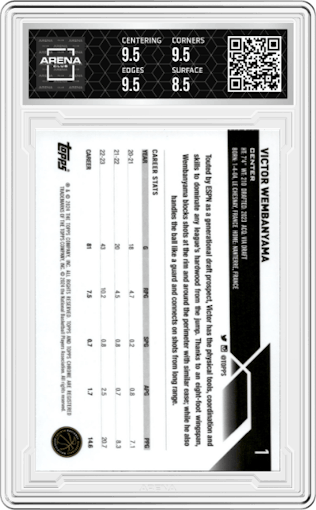 Victor Wembanyama from the 2023-24 Topps Chrome set graded by Arena Club and given an overall grade of 9.