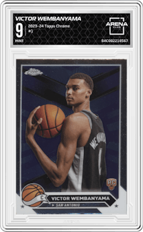 Victor Wembanyama from the 2023-24 Topps Chrome set graded by Arena Club and given an overall grade of 9.