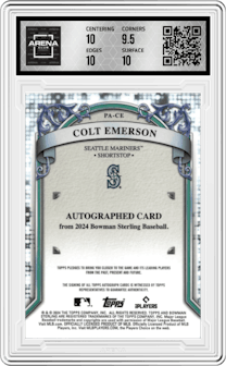 Colt Emerson from the 2024 Bowman Sterling set featuring a Wave parallel graded by Arena Club and given an overall grade of 10.