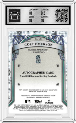 Colt Emerson from the 2024 Bowman Sterling set featuring a Wave parallel graded by Arena Club and given an overall grade of 10.