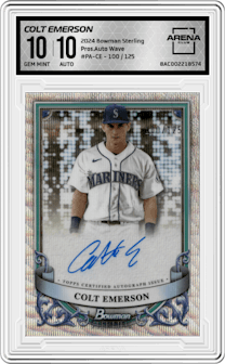 Colt Emerson from the 2024 Bowman Sterling set featuring a Wave parallel graded by Arena Club and given an overall grade of 10.