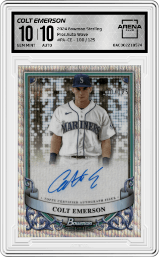 Colt Emerson from the 2024 Bowman Sterling set featuring a Wave parallel graded by Arena Club and given an overall grade of 10.