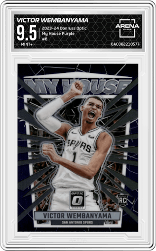Victor Wembanyama from the 2023-24 Donruss Optic set featuring a Purple parallel graded by Arena Club and given an overall grade of 9.5.