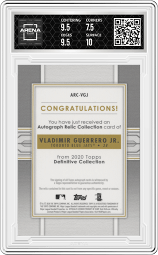 Vladimir Guerrero Jr. from the 2020 Topps Definitive Collection set featuring a Purple parallel graded by Arena Club and given an overall grade of 8.