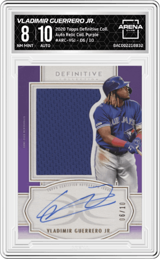 Vladimir Guerrero Jr. from the 2020 Topps Definitive Collection set featuring a Purple parallel graded by Arena Club and given an overall grade of 8.
