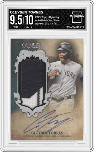 Gleyber Torres from the 2021 Topps Dynasty set featuring a Silver parallel graded by Arena Club and given an overall grade of 9.5.