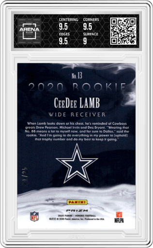 CeeDee Lamb from the 2020 Panini Honors set featuring a Green parallel graded by Arena Club and given an overall grade of 9.5.