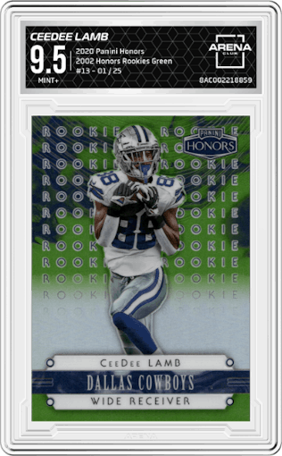 CeeDee Lamb from the 2020 Panini Honors set featuring a Green parallel graded by Arena Club and given an overall grade of 9.5.
