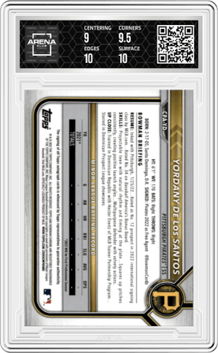 Yordany De Los Santos from the 2022 Bowman Chrome set featuring a Purple Ref. parallel graded by Arena Club and given an overall grade of 9.5.