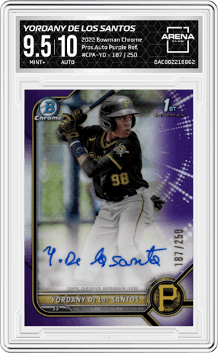 Yordany De Los Santos from the 2022 Bowman Chrome set featuring a Purple Ref. parallel graded by Arena Club and given an overall grade of 9.5.