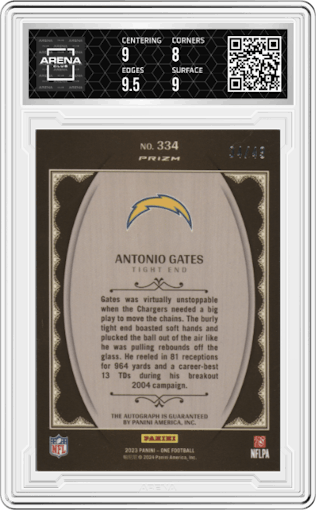 Antonio Gates from the 2023 Panini One set featuring a Blue parallel graded by Arena Club and given an overall grade of 8.5.