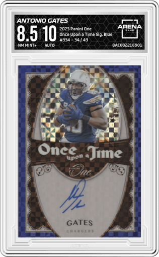 Antonio Gates from the 2023 Panini One set featuring a Blue parallel graded by Arena Club and given an overall grade of 8.5.