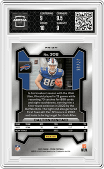 Dalton Kincaid from the 2023 Panini Prizm set featuring a Gold Sparkle parallel graded by Arena Club and given an overall grade of 9.