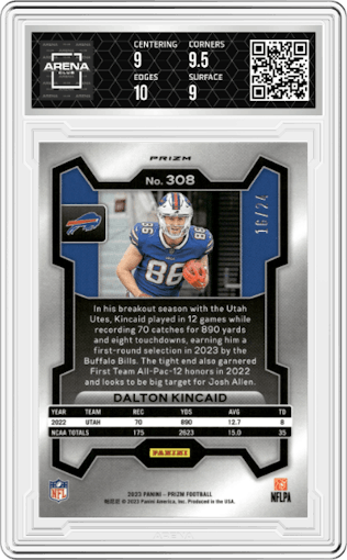 Dalton Kincaid from the 2023 Panini Prizm set featuring a Gold Sparkle parallel graded by Arena Club and given an overall grade of 9.