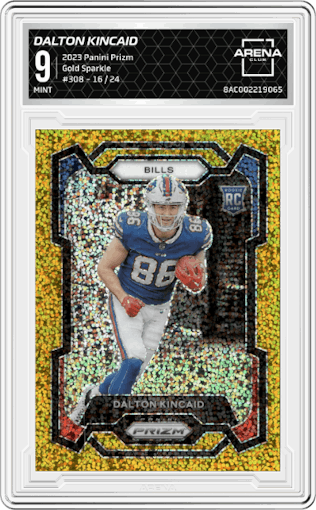 Dalton Kincaid from the 2023 Panini Prizm set featuring a Gold Sparkle parallel graded by Arena Club and given an overall grade of 9.
