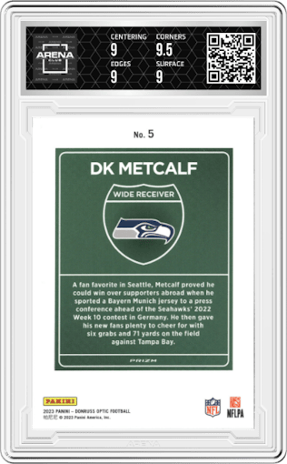 DK Metcalf from the 2023 Donruss Optic set graded by Arena Club and given an overall grade of 9.5.