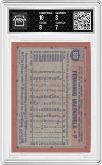 Fernando Valenzuela from the 1991 Topps set graded by Arena Club and given an overall grade of 7.5.