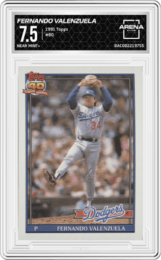 Fernando Valenzuela from the 1991 Topps set graded by Arena Club and given an overall grade of 7.5.